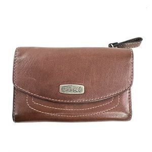 Fossil Unisex Brown Leather Trifold Snap Medium Wallet Clutch Credit Cards